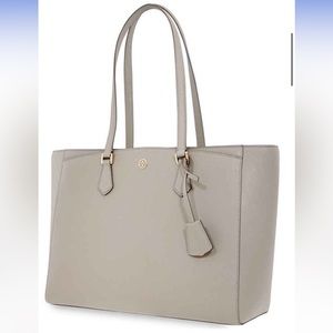 Tory Burch Robinson Textured Leather Tote- Gray Heron